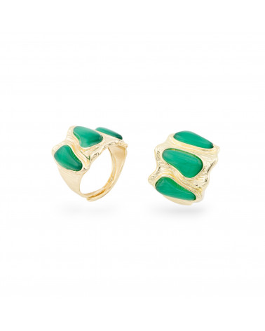 Anello Di Bronzo Con Occhio Di Gatto 21x23mm Con 3 Pietre Misura Regolabile Dorato Verde-ANELLI BRONZO CON PIETRE INCASTONATE | Worldofjewel.com