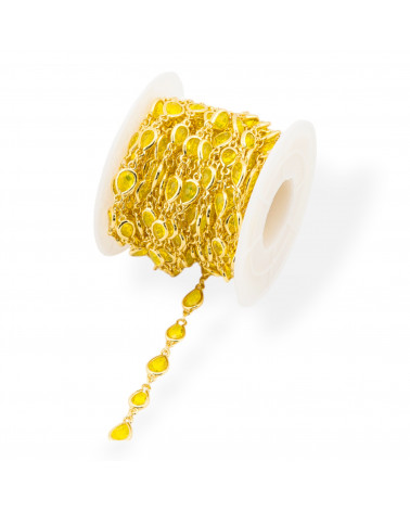 Catena Rosario Di Ottone Con Occhio Di Gatto Cabochon Goccia 6,5x8,5mm 5 Metri Dorato Giallo-CATENE CON PERLINE INCASTONATE | Worldofjewel.com