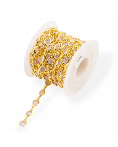 Catena Rosario Di Ottone Con Occhio Di Gatto Cabochon Goccia 6,5x8,5mm 5 Metri Dorato Opale Rosa-CATENE CON PERLINE INCASTONATE | Worldofjewel.com