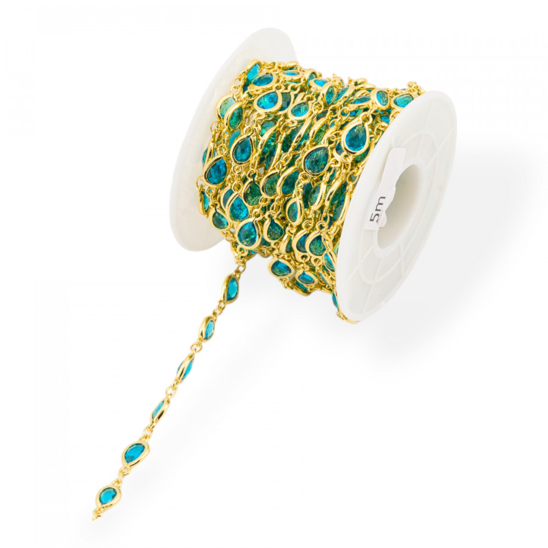Catena Rosario Di Ottone Con Occhio Di Gatto Cabochon Goccia 6,5x8,5mm 5 Metri Dorato Ottanio-CATENE CON PERLINE INCASTONATE | Worldofjewel.com