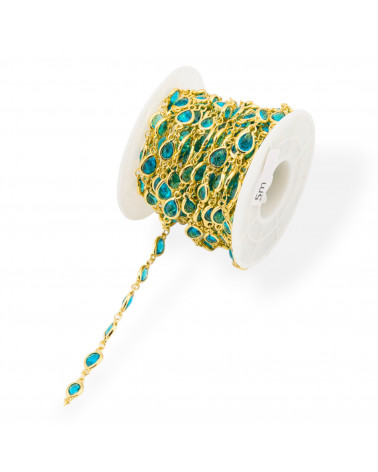 Catena Rosario Di Ottone Con Occhio Di Gatto Cabochon Goccia 6,5x8,5mm 5 Metri Dorato Ottanio-CATENE CON PERLINE INCASTONATE | Worldofjewel.com