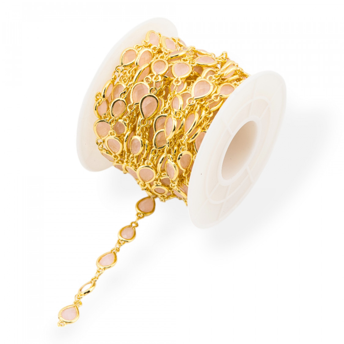 Catena Rosario Di Ottone Con Occhio Di Gatto Cabochon Goccia 6,5x8,5mm 5 Metri Dorato Rosa-CATENE CON PERLINE INCASTONATE | Worldofjewel.com