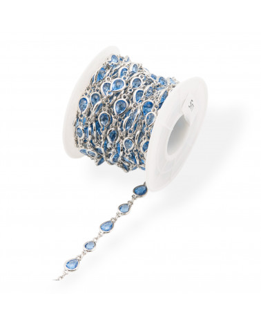 Catena Rosario Di Ottone Con Occhio Di Gatto Cabochon Goccia 6,5x8,5mm 5 Metri Rodiato Blu Chiaro-CATENE CON PERLINE INCASTONATE | Worldofjewel.com