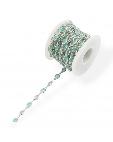Catena Rosario Di Ottone Con Occhio Di Gatto Cabochon Ovale 5,5x7,0mm 5 Metri Rodiato Blu Acqua-CATENE CON PERLINE INCASTONATE | Worldofjewel.com