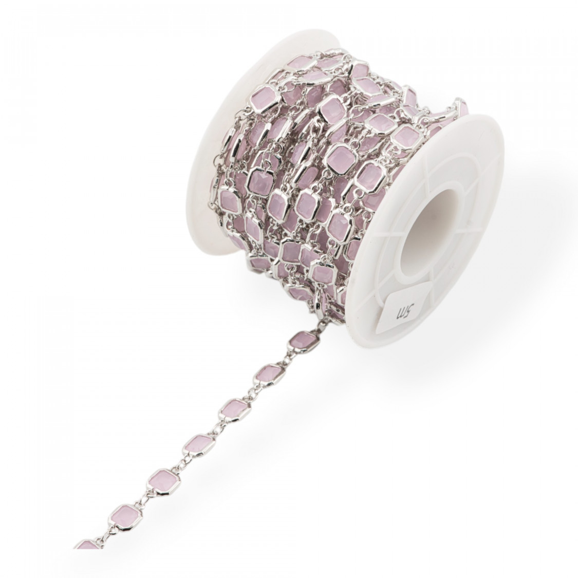 Catena Rosario Di Ottone Con Occhio Di Gatto Cabochon Quadrato 7mm 5 Metri Rodiato Rosa-CATENE CON PERLINE INCASTONATE | Worldofjewel.com