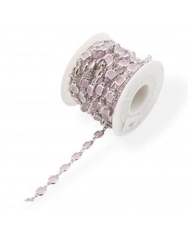 Catena Rosario Di Ottone Con Occhio Di Gatto Cabochon Quadrato 7mm 5 Metri Rodiato Rosa-CATENE CON PERLINE INCASTONATE | Worldofjewel.com