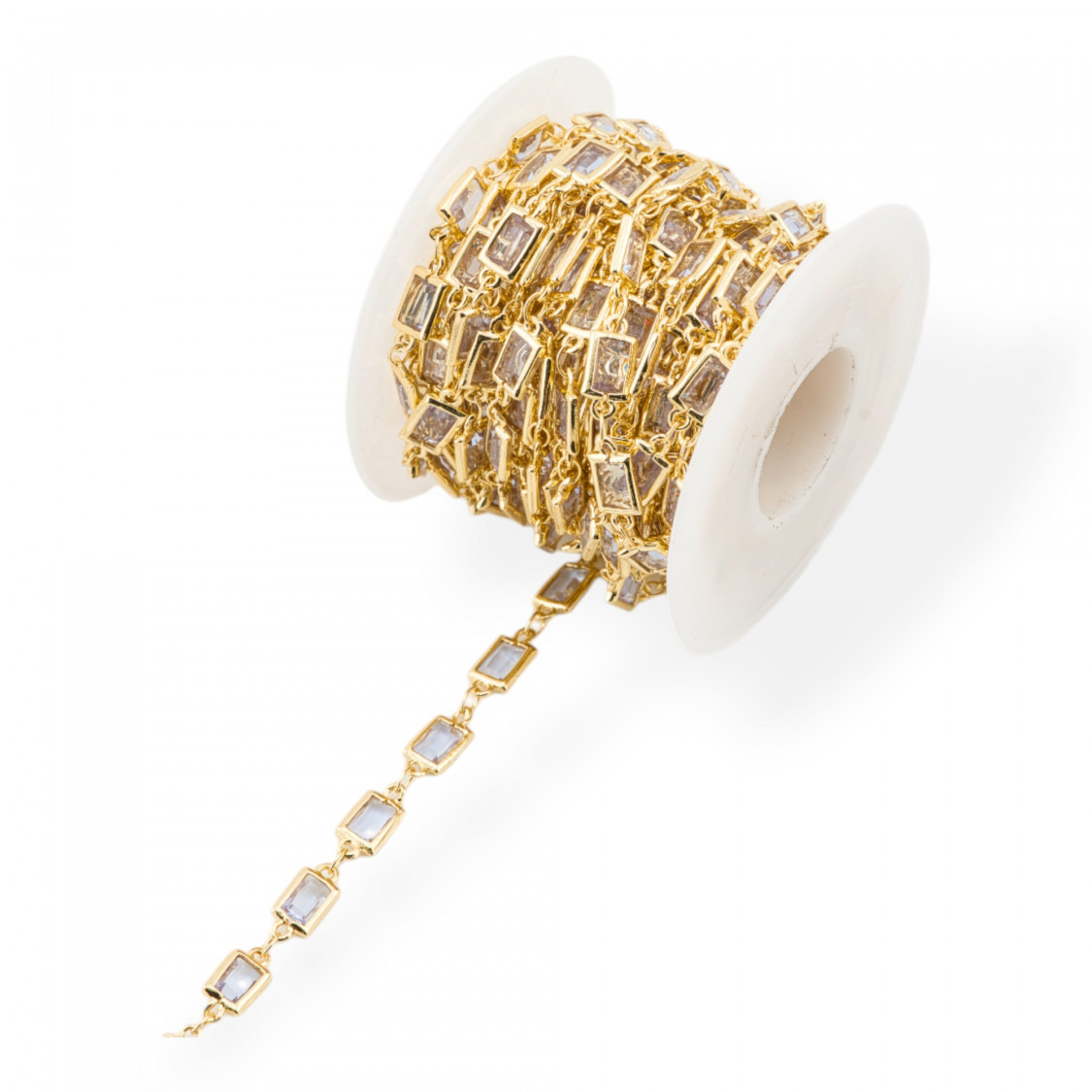 Catena Rosario Di Ottone Con Occhio Di Gatto Cabochon Rettangolo 5,5x7,5mm 5 Metri Dorato Trasparente-CATENE CON PERLINE INCASTONATE | Worldofjewel.com