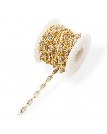 Catena Rosario Di Ottone Con Occhio Di Gatto Cabochon Rettangolo 5,5x7,5mm 5 Metri Dorato Trasparente-CATENE CON PERLINE INCASTONATE | Worldofjewel.com