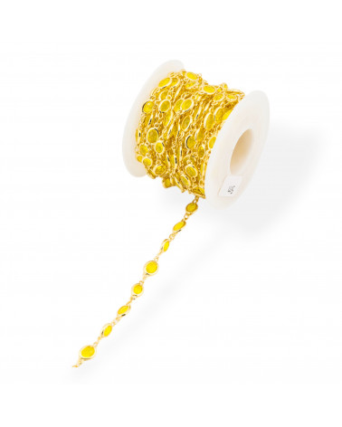 Chaîne Chapelet en Laiton avec Cabochon Ovale Oeil de Chat 5,5x7,0mm 5 Mètres Jaune Doré-CATENE CON PIETRE E CRISTALLI | Worldofjewel.com