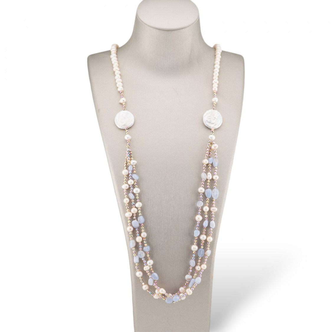 Collana Bijoux Con Ematite, Pietre Dure, Ematite A 3 File Annodate 90cm MOD1 Calcedonio-DESIGN ITALY | Worldofjewel.com