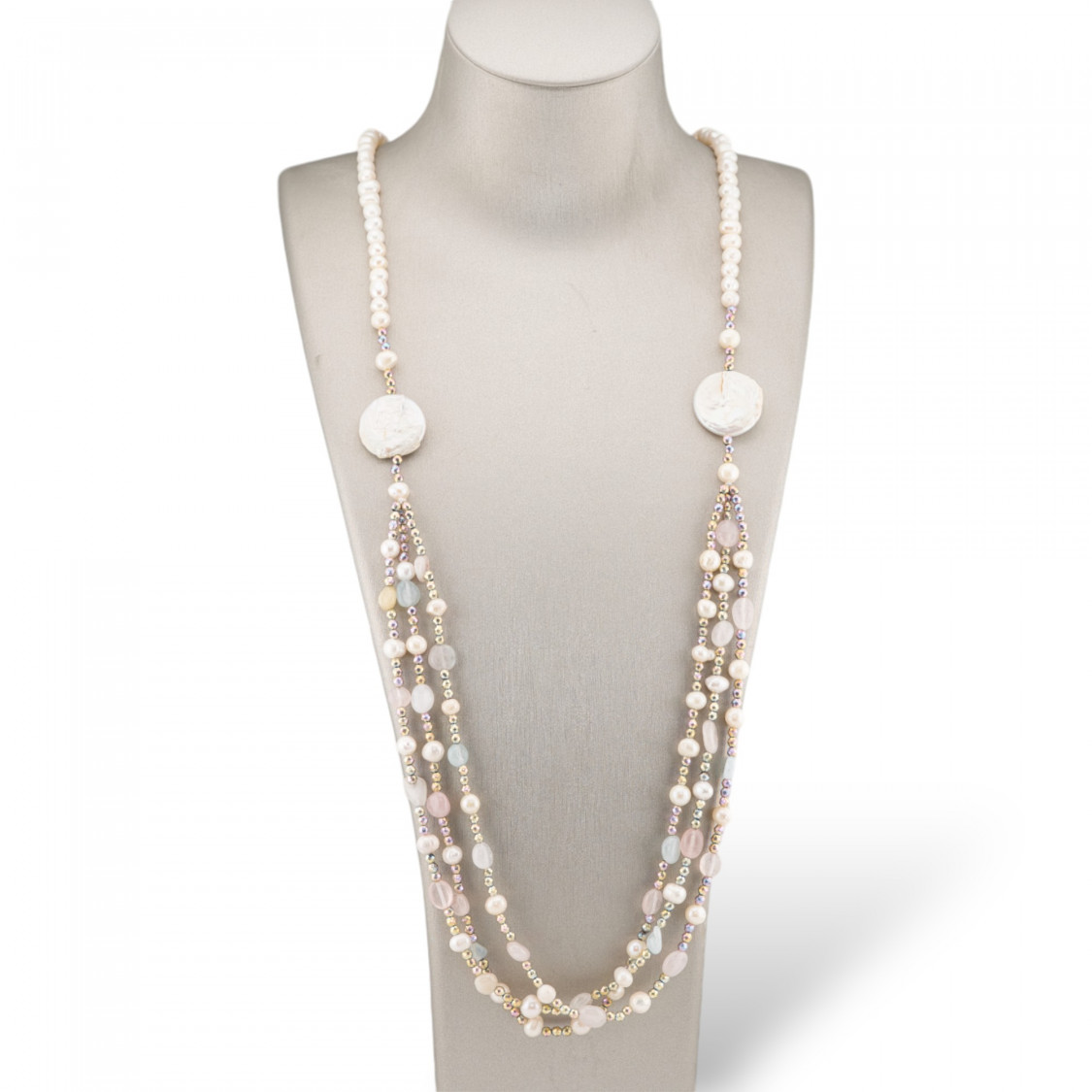 Collana Bijoux Con Ematite, Pietre Dure, Ematite A 3 File Annodate 90cm MOD4 Berilli-DESIGN ITALY | Worldofjewel.com