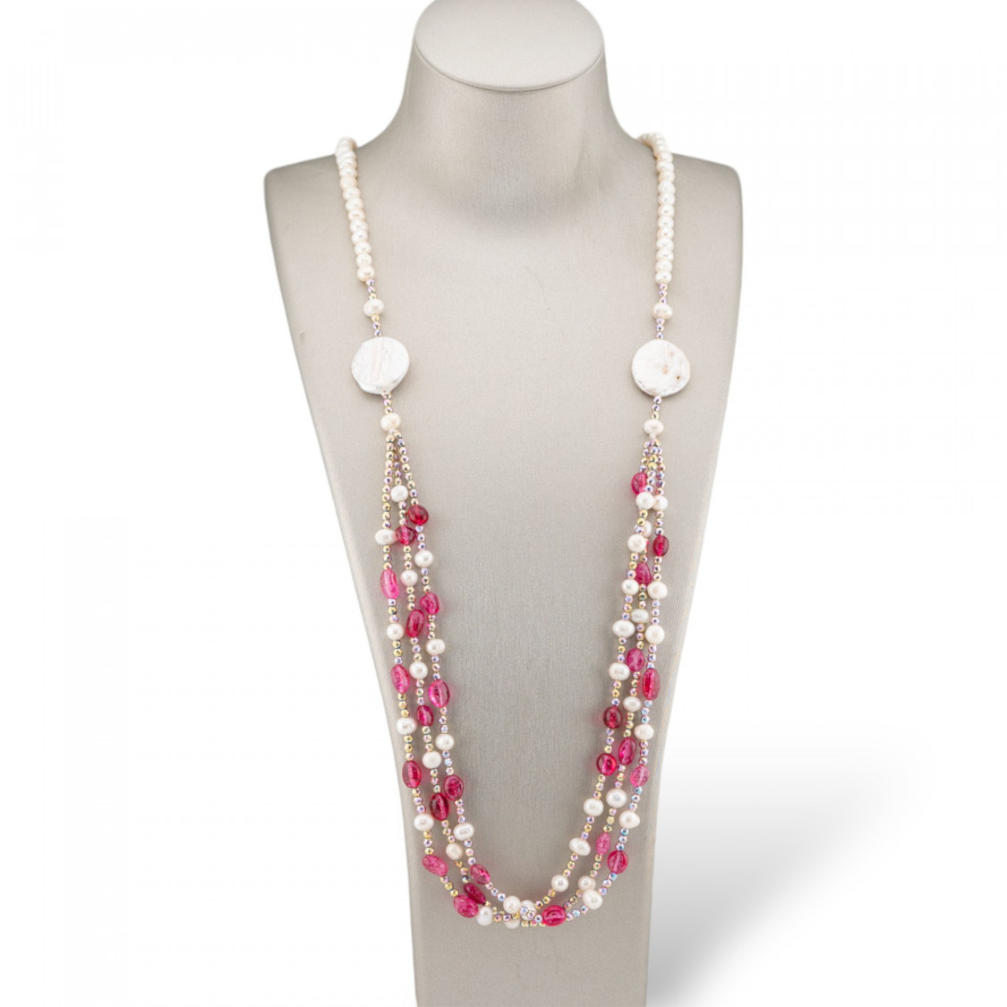 Collana Bijoux Con Ematite, Pietre Dure, Ematite A 3 File Annodate 90cm MOD5 Quarzi Rossi-DESIGN ITALY | Worldofjewel.com