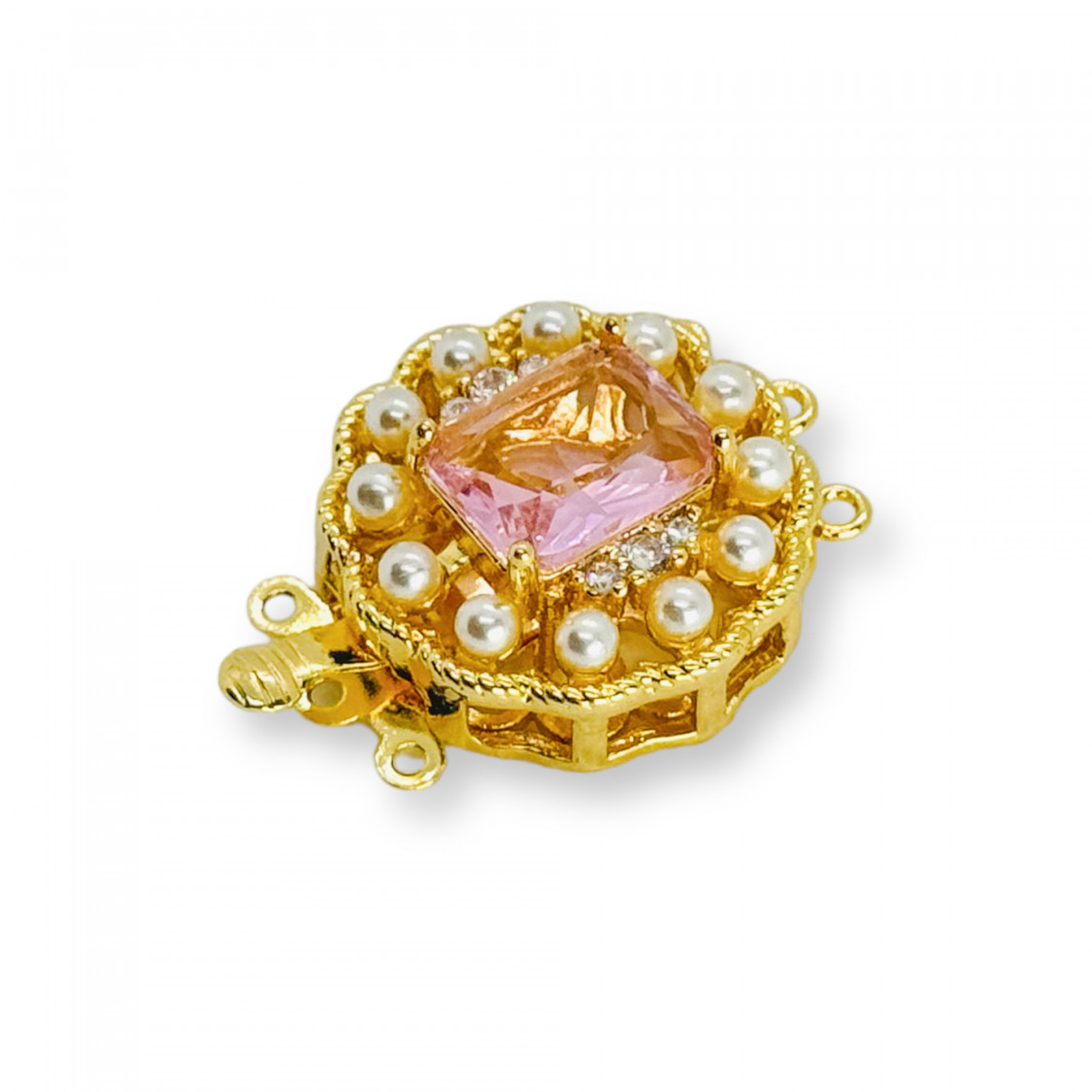 Chiusura di Bronzo A Cassetta Con Zirconi E Perle Di Maiorca 19x30mm 3pz Dorato-CHIUSURE DI OTTONE E BRONZO | Worldofjewel.com