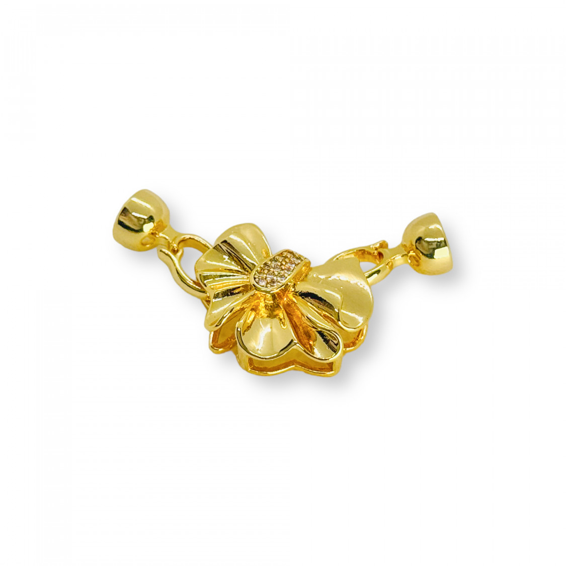 Chiusura di Bronzo A Scatto Fiore Con Zirconi 16x40mm 5pz Dorato-CHIUSURE DI OTTONE E BRONZO | Worldofjewel.com