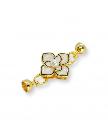 Chiusura di Bronzo A Scatto Smaltato Con Perla Di Maiorca Fiore 21x44mm 4pz-CHIUSURE DI OTTONE E BRONZO | Worldofjewel.com