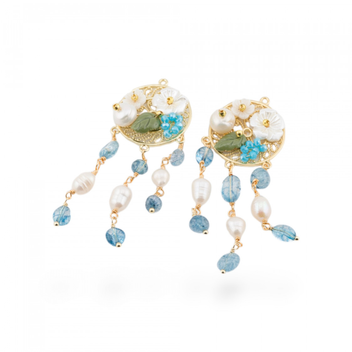 Bronze Component With Hard Stones and Pearls Filigree 2pcs Golden Blue Rock Crystal-COMPONENTS OF HARD STONES | Worldofjewel.com