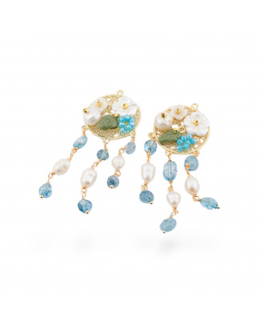 Bronze Component With Hard Stones and Pearls Filigree 2pcs Golden Blue Rock Crystal-COMPONENTS OF HARD STONES | Worldofjewel.com