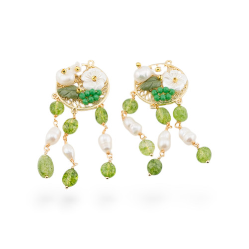 Bronze Component With Hard Stones and Pearls Filigree 2pcs Gold Plated Rock Crystal Peridot-COMPONENTS OF HARD STONES | Worldofjewel.com