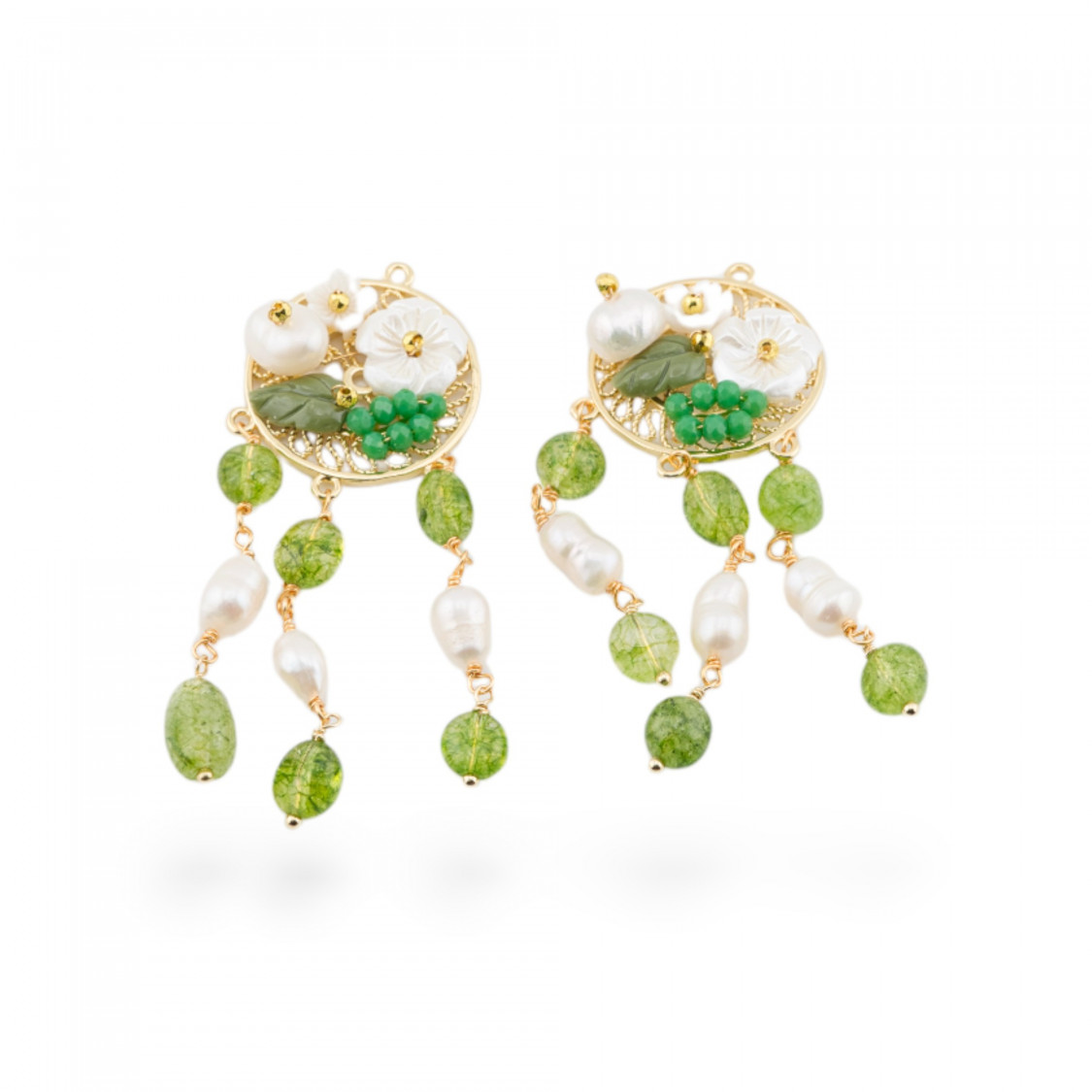 Bronzekomponente mit Halbedelsteinen und filigranen Perlen, 2 Stück goldener Bergkristall-Peridot-BESTANDTEILE VON HARTEN STEINEN | Worldofjewel.com