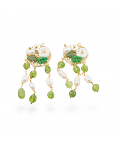 Bronzekomponente mit Halbedelsteinen und filigranen Perlen, 2 Stück goldener Bergkristall-Peridot-BESTANDTEILE VON HARTEN STEINEN | Worldofjewel.com