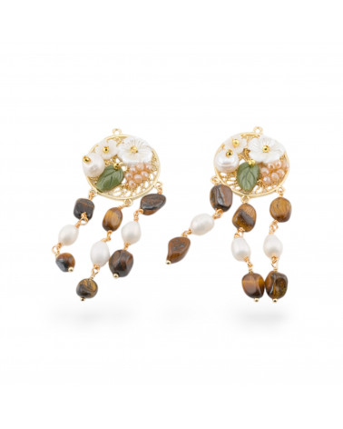 Componente Di Bronzo Con Pietre Dure e Perle Filigrana 2pz Dorato Occhio Di Tigre-COMPONENTI DI PIETRE DURE | Worldofjewel.com