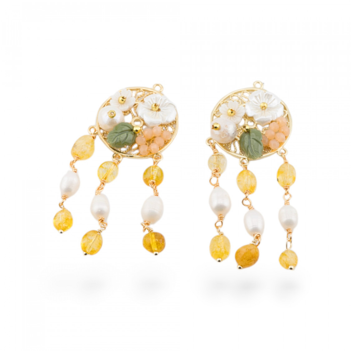 Bronze Component With Hard Stones and Filigree Pearls 2pcs Golden Citrine Quartz-COMPONENTS OF HARD STONES | Worldofjewel.com
