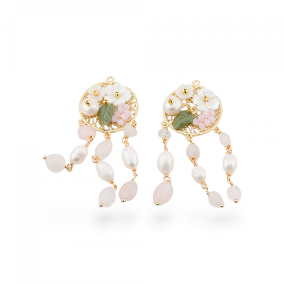 Componente Di Bronzo Con Pietre Dure e Perle Filigrana 2pz Dorato Quarzo Rosa-COMPONENTI DI PIETRE DURE | Worldofjewel.com