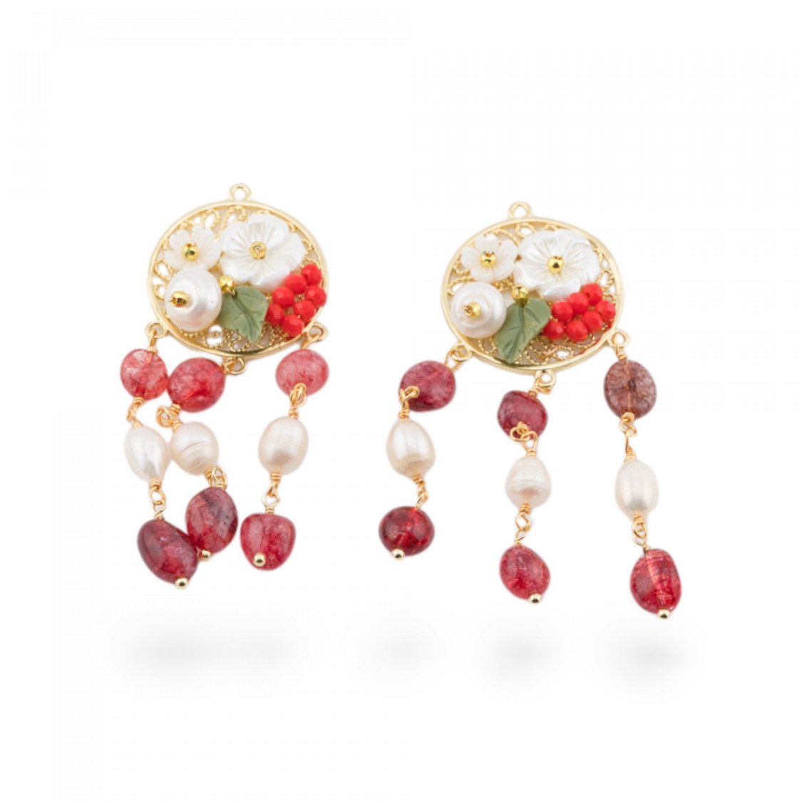 Componente De Bronce Con Piedras Semipreciosas Y Perlas De Filigrana 2 Piezas Rojo Dorado-COMPONENTES DE PIEDRAS DURAS | Worldofjewel.com