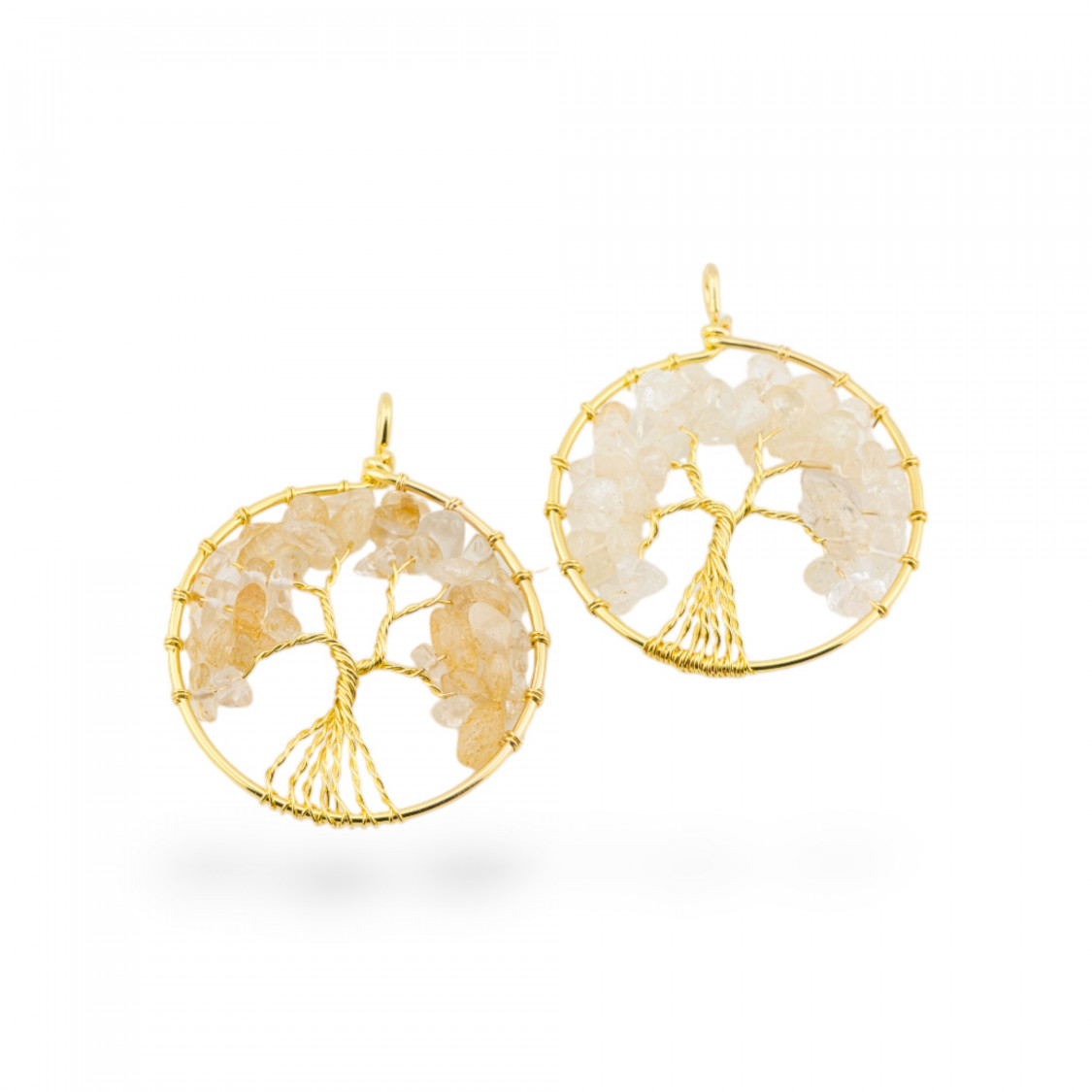 Pendentif Arbre de Vie avec Pierres Semi-Précieuses 50mm 2pcs Citrine Dorée 2-PENDENTIFS EN LAITON | Worldofjewel.com