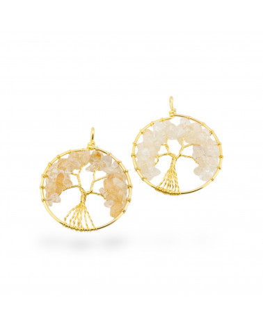 Pendentif Arbre de Vie avec Pierres Semi-Précieuses 50mm 2pcs Citrine Dorée 2-PENDENTIFS EN LAITON | Worldofjewel.com
