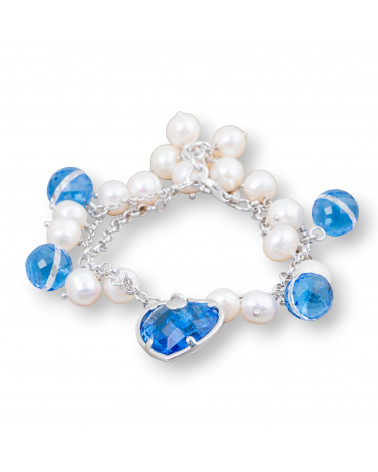 Bracciale Di Argento 925 Catena Con Perle Di Fiume E Zirconi Sfaccettati Blu Indaco 19cm+1,5cm Con Pendente Cuore-BRACCIALI DI ARGENTO 925 | Worldofjewel.com