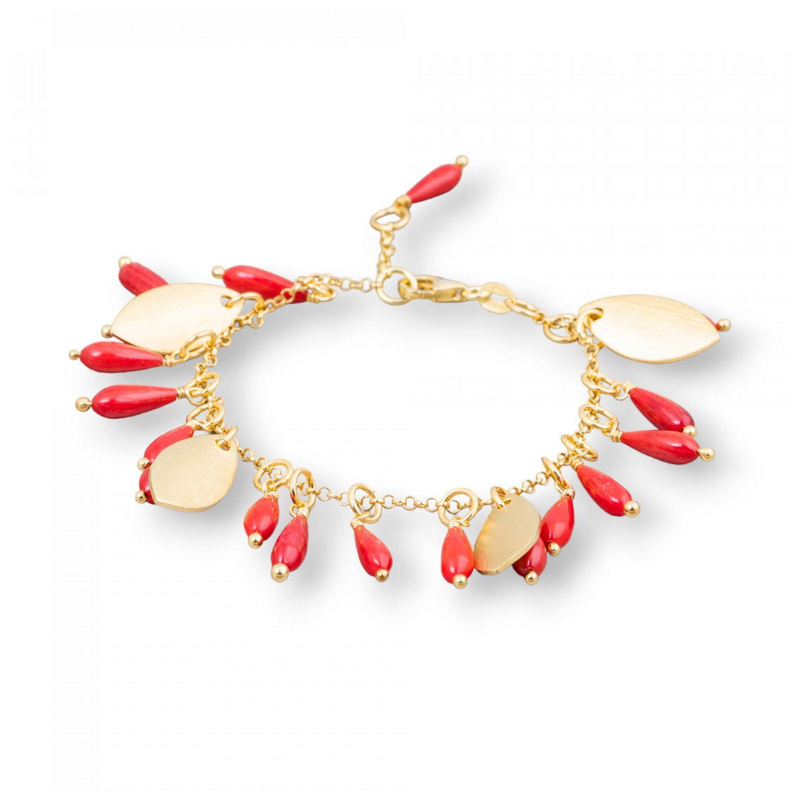 Bracciale Di Argento 925 Con Catena Placcato Oro Di Corallo Bamboo Gocce E Foglie Satinate 18cm + 3cm-BRACCIALI DI ARGENTO 925 | Worldofjewel.com