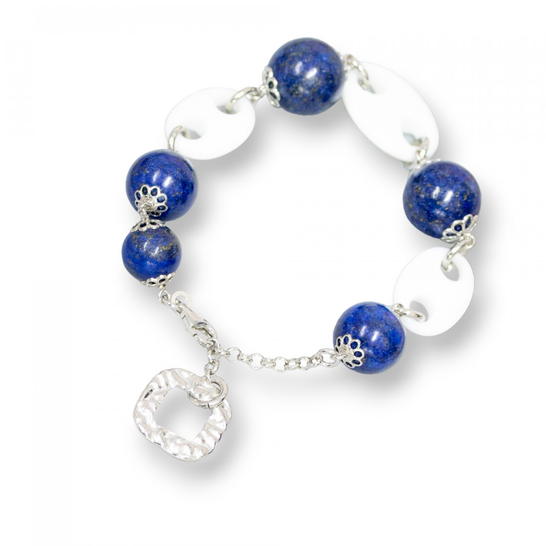 Bracciale Di Argento 925 Di Lapis E Agata Bianca Con Coppette 20.5cm + 5cm Con Ciondolo Rombo-BRACCIALI DI ARGENTO 925 | Worldofjewel.com