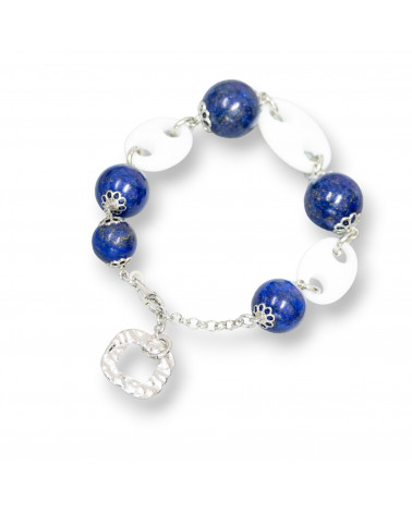 Bracciale Di Argento 925 Di Lapis E Agata Bianca Con Coppette 20.5cm + 5cm Con Ciondolo Rombo-BRACCIALI DI ARGENTO 925 | Worldofjewel.com