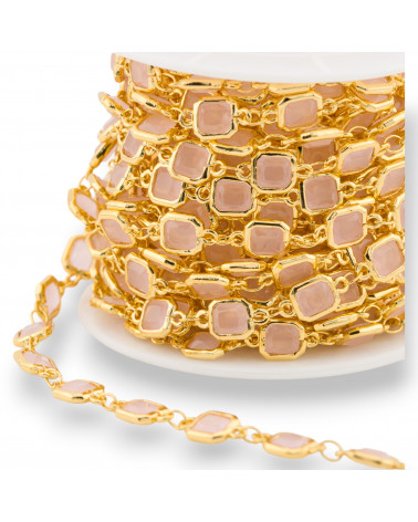 Catena Rosario Di Ottone Con Occhio Di Gatto Cabochon Quadrato 7mm E Catena Rolo' 10 Metri Dorato Rosa-CATENE CON PERLINE INCASTONATE | Worldofjewel.com