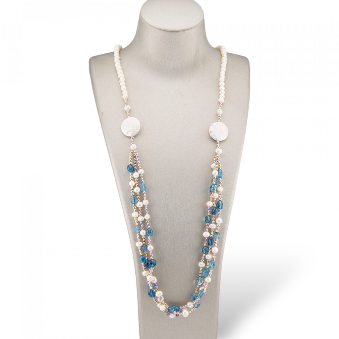 Collana Bijoux Con Ematite, Pietre Dure, Ematite A 3 File Annodate 90cm MOD3 Quarzo Blu-DESIGN ITALY | Worldofjewel.com