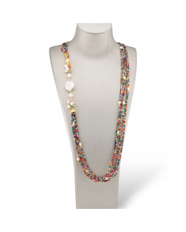 Collana Bijoux Con Pietre Dure, Zirconi Diamond Cut a 6 Fili, Perle Di Fiume Barocche 90cm Multicolor-DESIGN ITALY | Worldofjewel.com