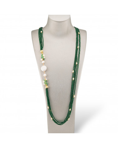 Collana Bijoux Con Pietre Dure, Zirconi Diamond Cut a 6 Fili, Perle Di Fiume Barocche 90cm Verde Smeraldo-DESIGN ITALY | Worldofjewel.com