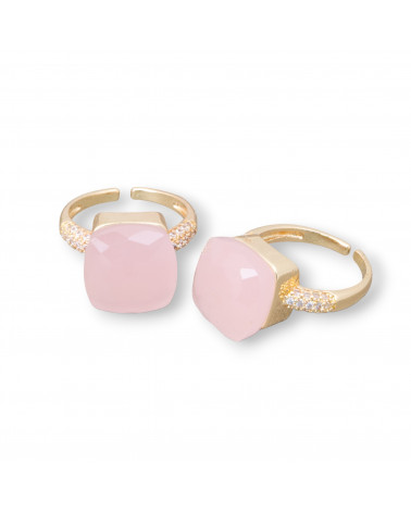 Anello Regolabile in Bronzo Dorato Collezione ELEN-1 con Occhio di Gatto a Cuscinetto 13mm e Zirconi Rosa | Gioiello Artigianal-ANELLI BRONZO CON PIETRE INCASTONATE | Worldofjewel.com