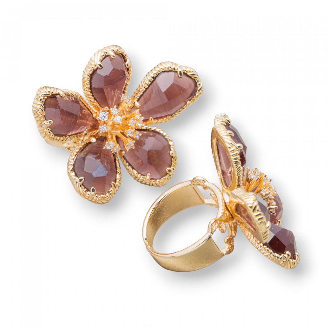 Bronzering mit Katzenaugenblume, 5 Blütenblätter, 32 x 42 mm, verstellbare Größe, goldenes Pulver-BRONZERINGE UND KATZENAUGE | Worldofjewel.com