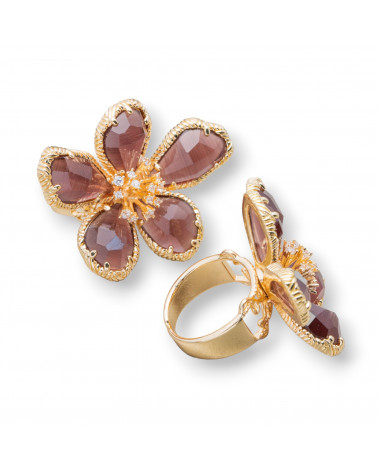 Bronzering mit Katzenaugenblume, 5 Blütenblätter, 32 x 42 mm, verstellbare Größe, goldenes Pulver-BRONZERINGE UND KATZENAUGE | Worldofjewel.com