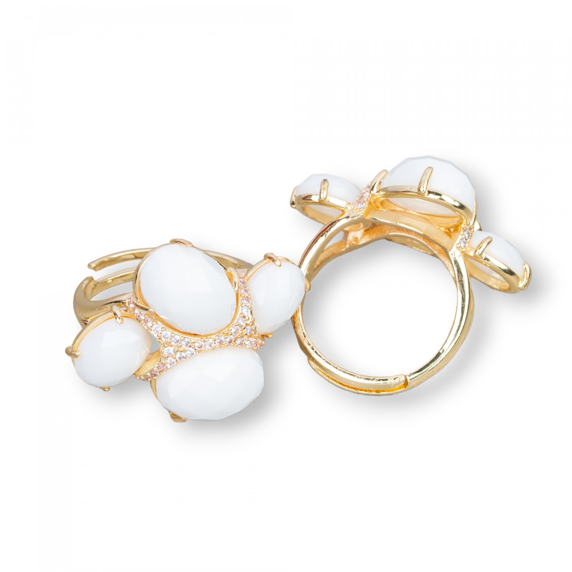 Bronze Ring With Cat's Eye And Zircons 23x30mm Adjustable Size Gold White Agate-BRONZE RINGS AND CAT'S EYE | Worldofjewel.com
