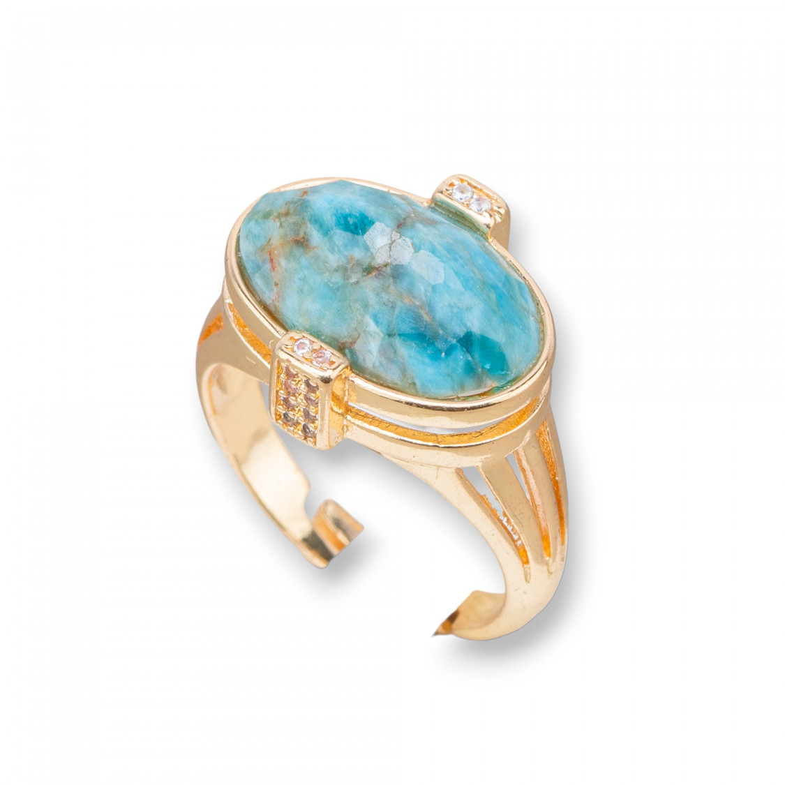 Anello Di Bronzo Con Pietre Dure E Zirconi Incastonati Ovale 18x18mm Misura Regolabile Dorato Apatite-ANELLI BRONZO CON PIETRE INCASTONATE | Worldofjewel.com