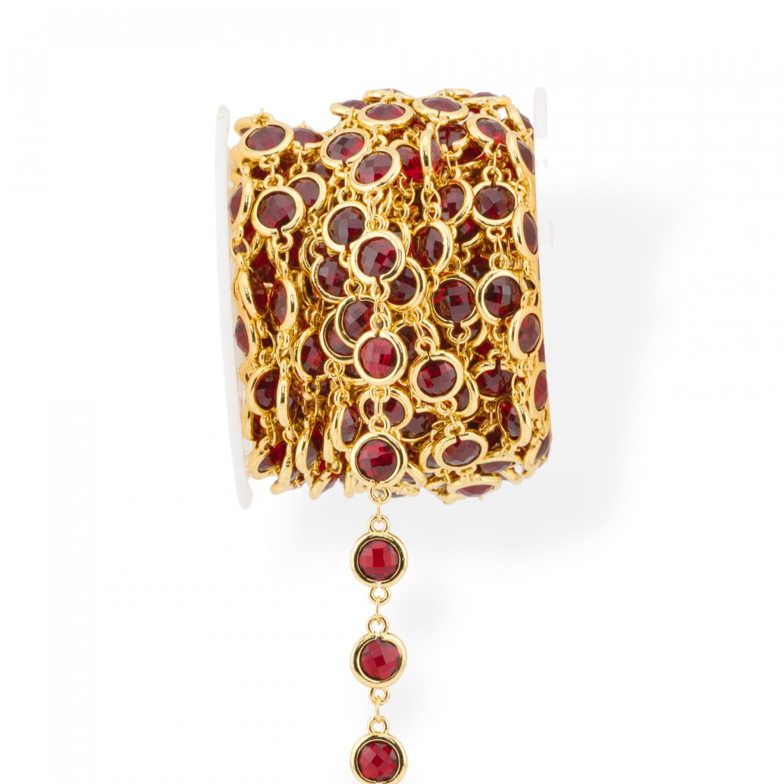 Brass Rosary Chain With Cat's Eye Cabochon 7.5mm 1 Meter Gold Ruby Red-CATENE CON PIETRE E CRISTALLI | Worldofjewel.com