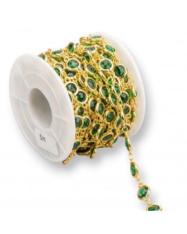Brass Rosary Chain With Cat's Eye Cabochon 7.5mm 1 Meter Gold Emerald Green-CATENE CON PIETRE E CRISTALLI | Worldofjewel.com