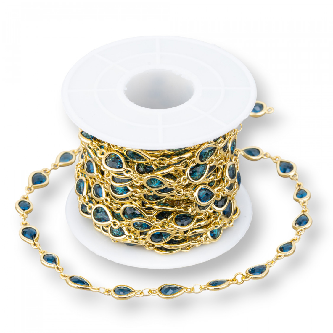 Messing-Rosenkranzkette mit Katzenauge-Cabochon-Tropfen, 6,5 x 8,5 mm, 1 Meter, Goldblau-CATENE CON PIETRE E CRISTALLI | Worldofjewel.com