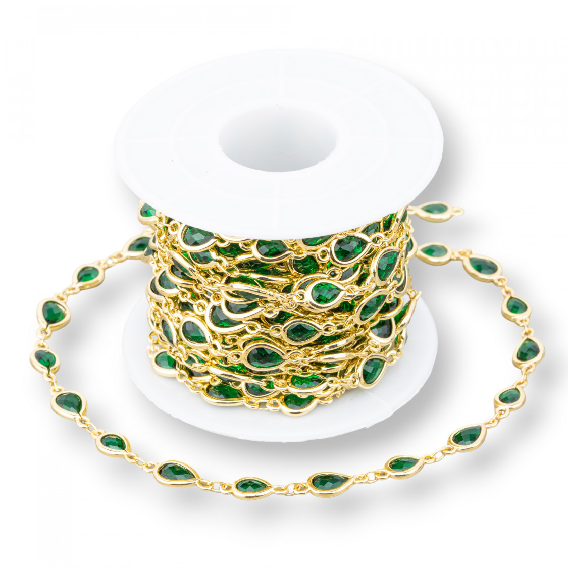 Chaîne Chapelet en Laiton avec Cabochon Goutte Oeil de Chat 6.5x8.5mm 1 Mètre Vert Émeraude Doré-CATENE CON PIETRE E CRISTALLI | Worldofjewel.com