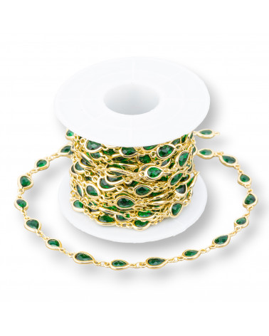 Chaîne Chapelet en Laiton avec Cabochon Goutte Oeil de Chat 6.5x8.5mm 1 Mètre Vert Émeraude Doré-CATENE CON PIETRE E CRISTALLI | Worldofjewel.com
