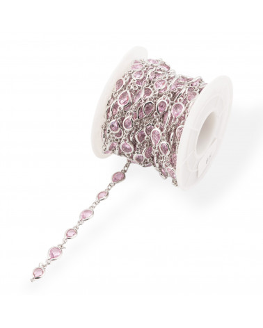 Catena Rosario Di Ottone Con Occhio Di Gatto Cabochon Goccia 6,5x8,5mm 1 Metro Rodiato Rosa Trasparente-CATENE A METRAGGIO | Worldofjewel.com