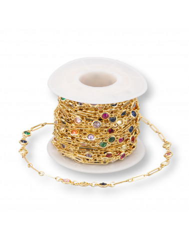 Chaîne chapelet en laiton avec zircon rond 5,5 mm et maillon rectangulaire 1 mètre doré multicolore-CHAÎNE CABOCHON | Worldofjewel.com